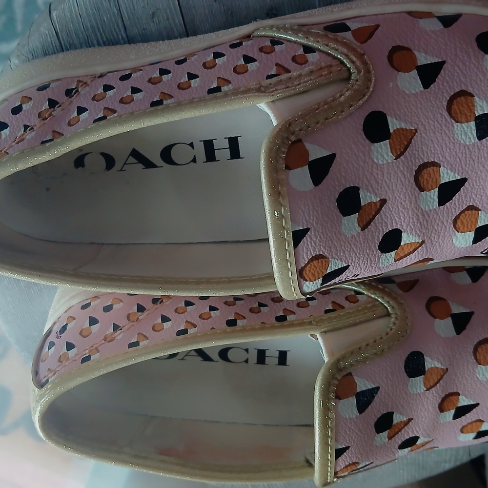 Coach Pink and Shiny Tan Patterned Slip-Ons